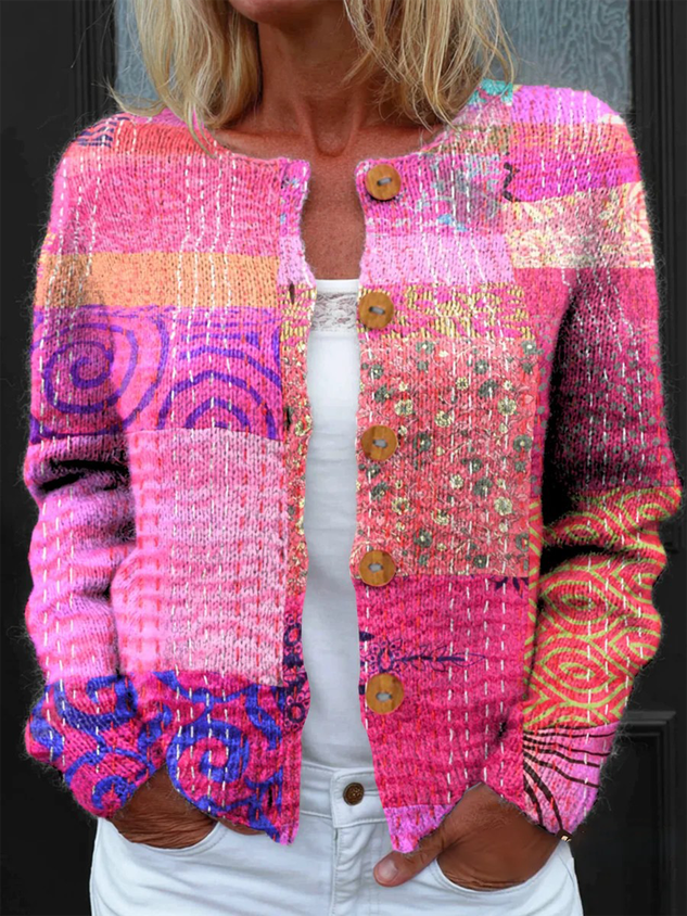 Women Knitted Geometric Long Sleeve Comfy Vintage Cardigan