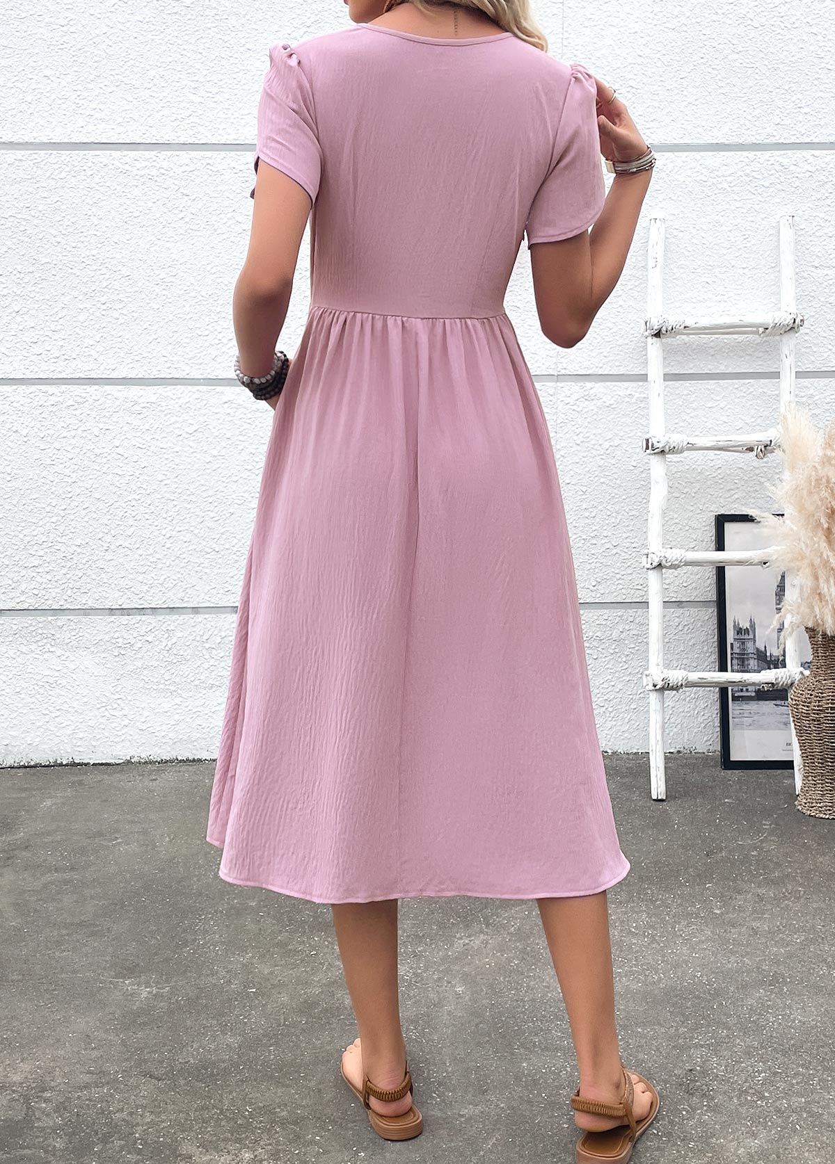 Dusty Purple Zipper Short Sleeve Round Neck Dress