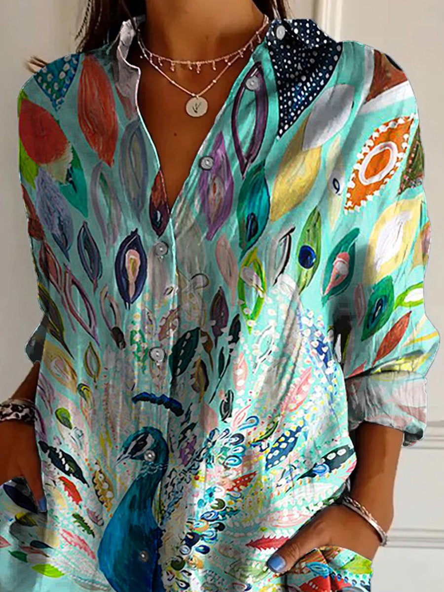 Colorful Peacock Painting Printed Women's Casual Cotton Shirt