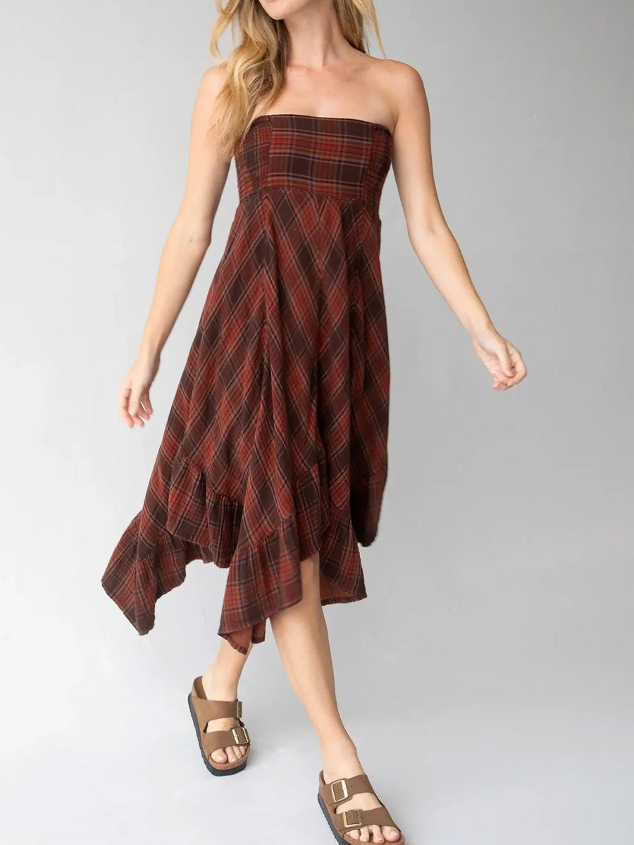 Women's Plaid Print Elastic Waist Casual Cotton and Linen Skirt Strapless Dress Two-Way Dress