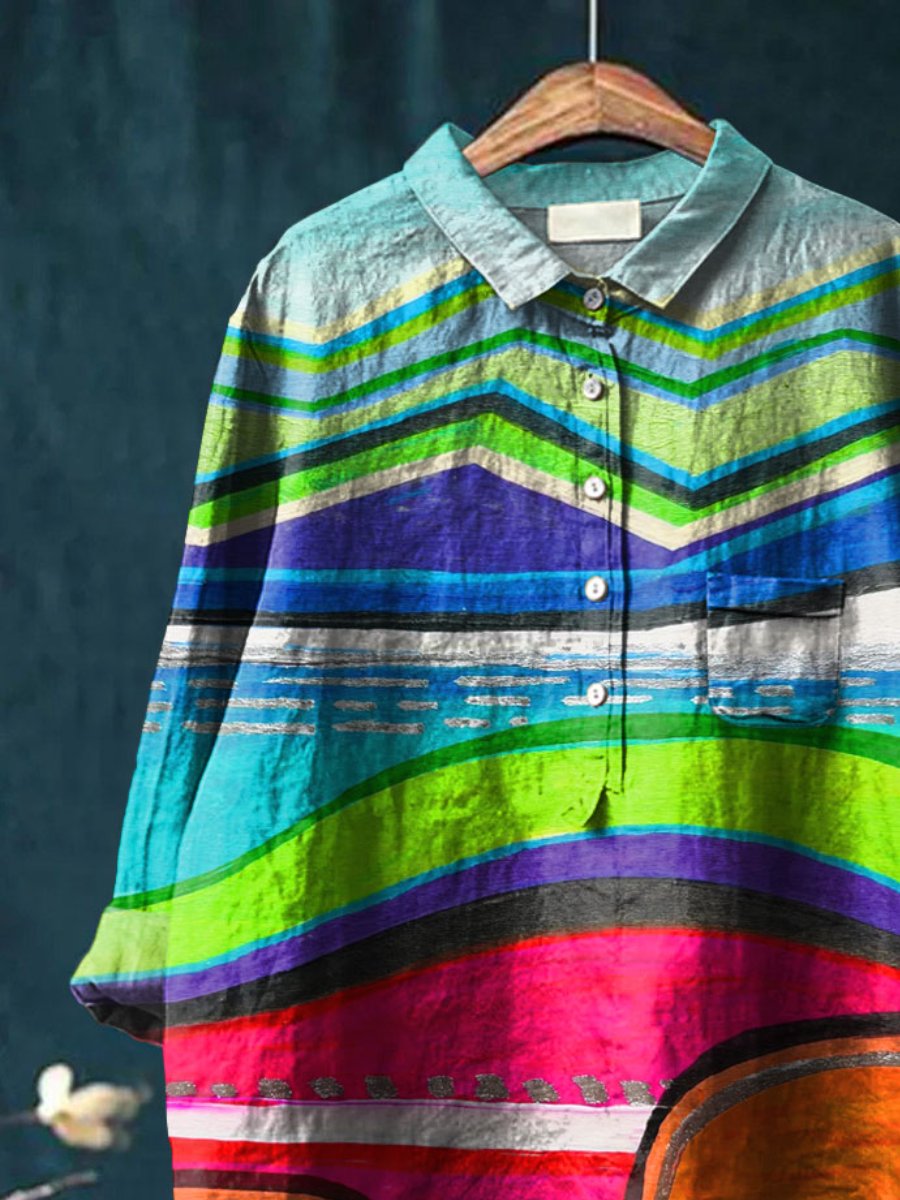 Abstrct Art Printed Women's Casual Cotton And Linen Shirt