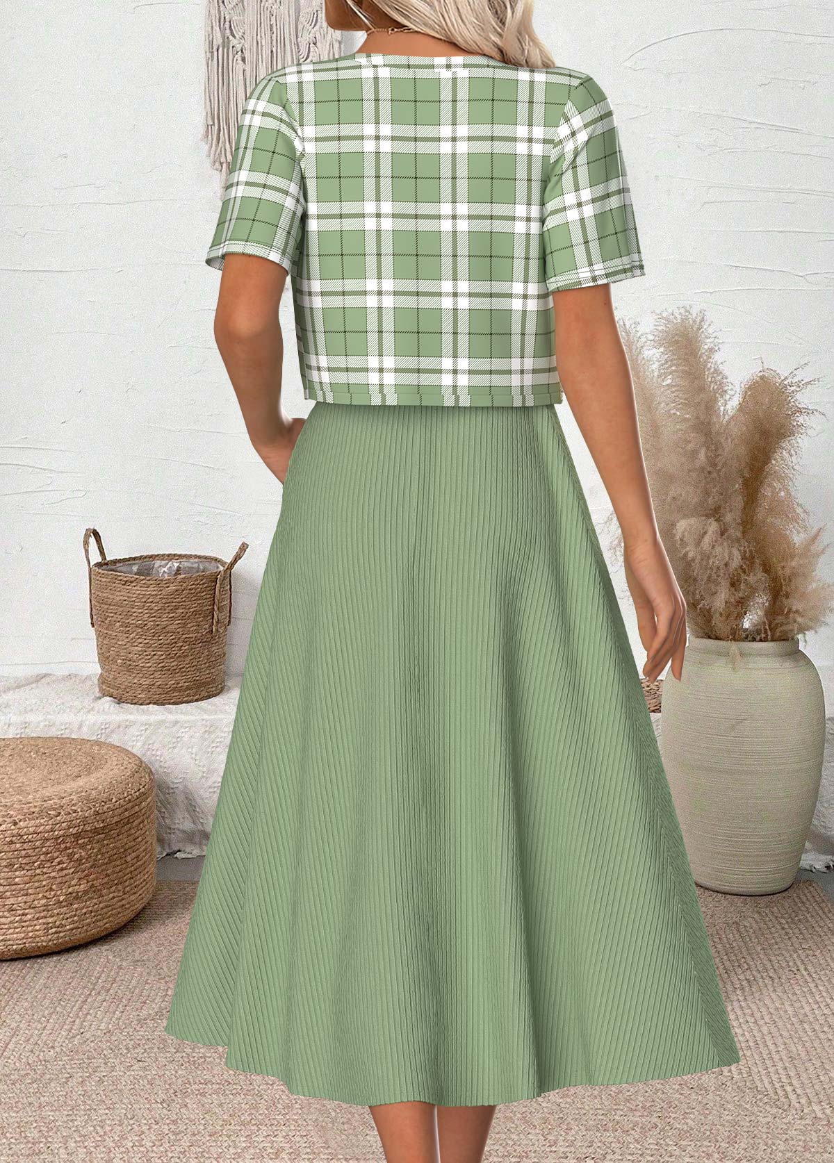 Light Green Plaid 3/4 Sleeve Dress and Cardigan