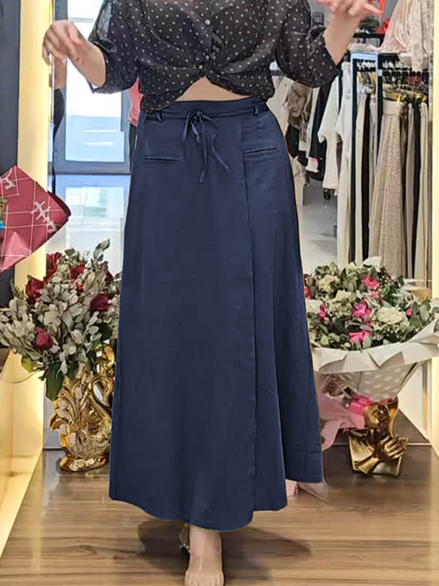 Women's Half Elastic Waist Lace-up Casual Pocket Cotton and Linen Skirt