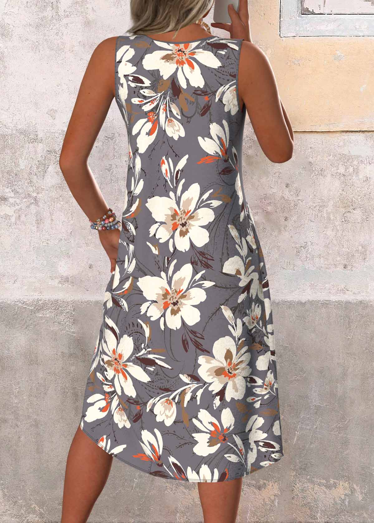Dark Grey Patchwork Floral Print A Line Sleeveless Dress