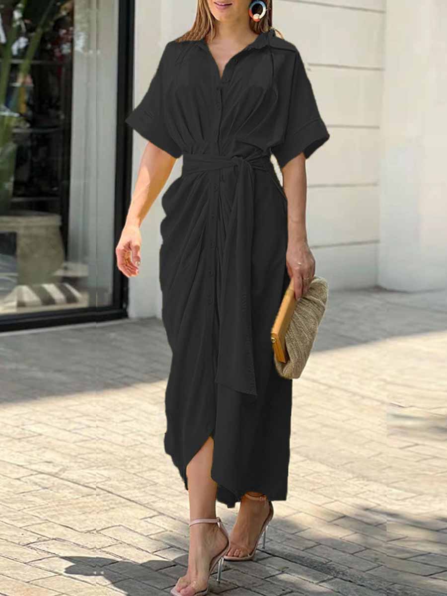 Women's Solid Color Loose Casual Lapel High-Waist Shirt Long Dress