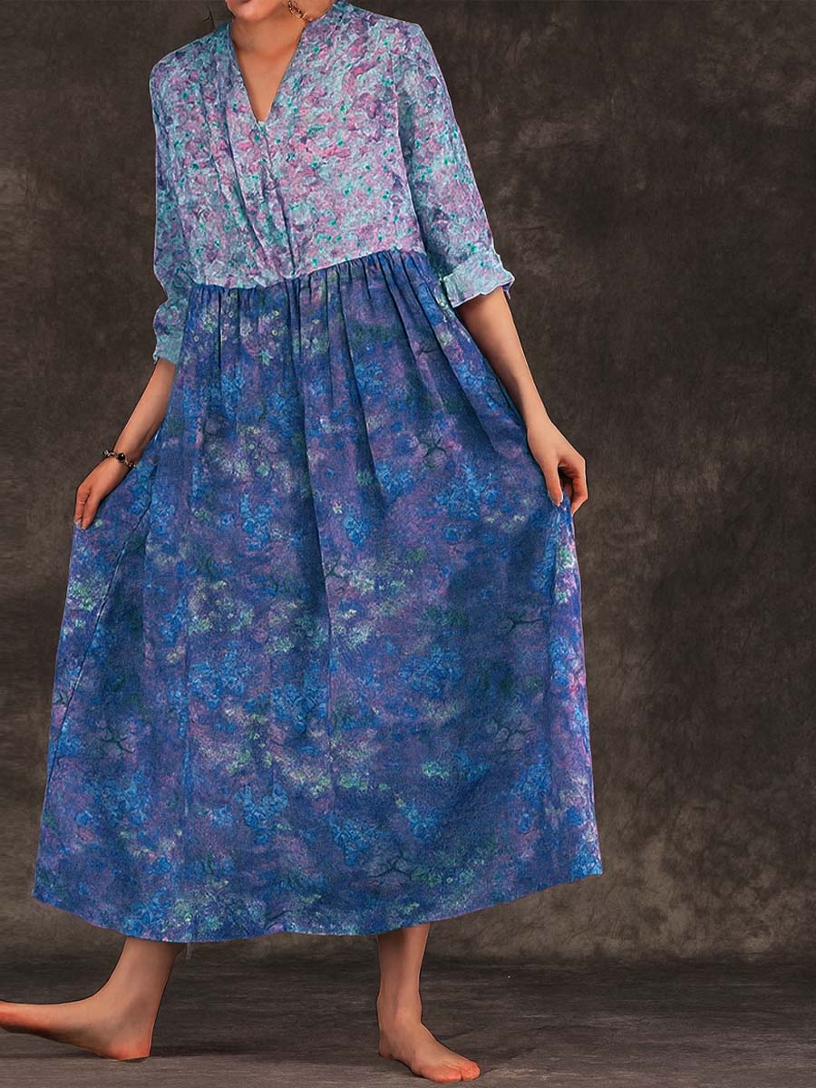 Women's V-neck 3/4 Sleeve Casual Loose Contrast Print Cotton and Linen Dress