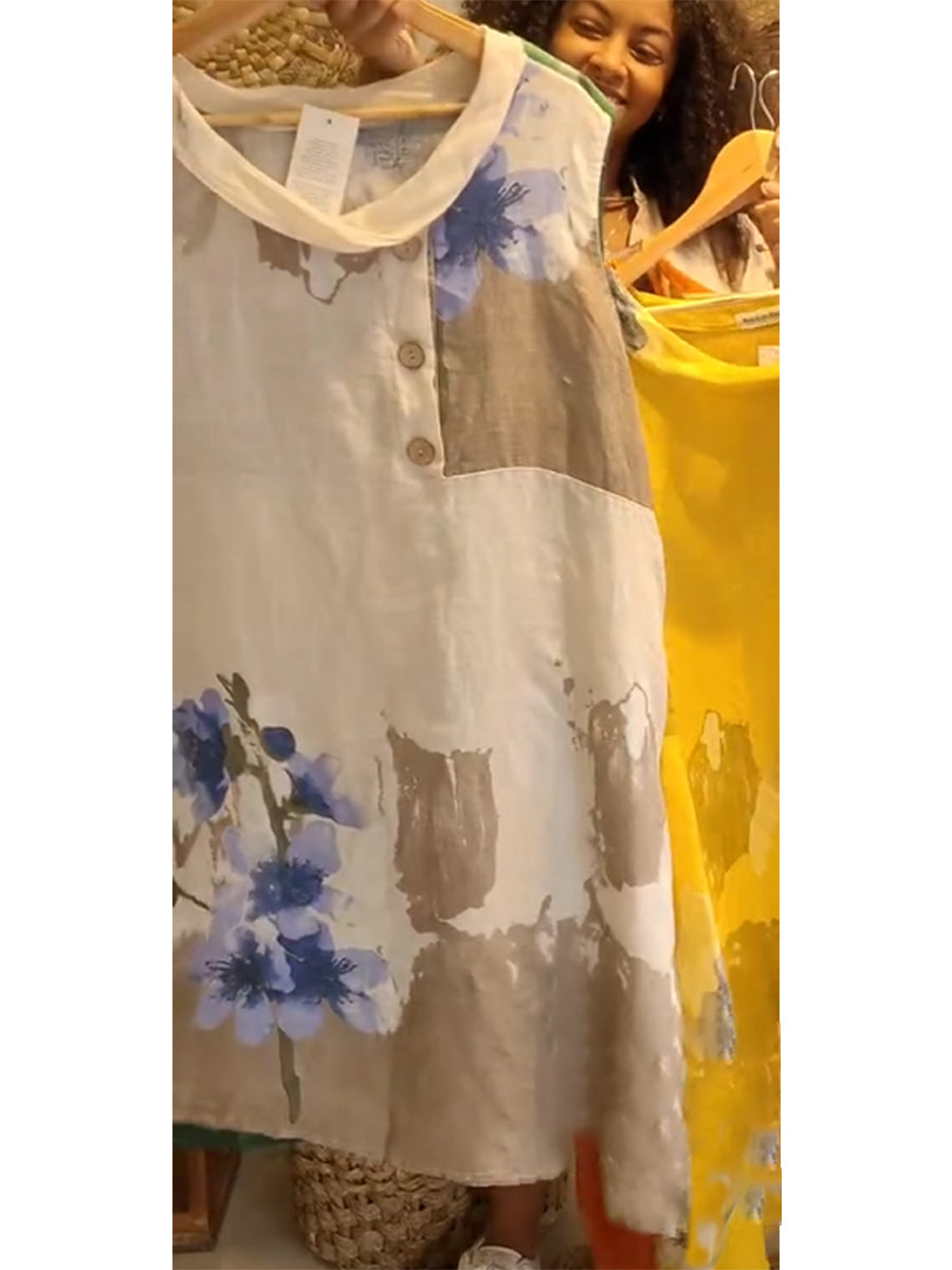 Women's Floral Printed Sleeveless Cotton and Linen Button Dress