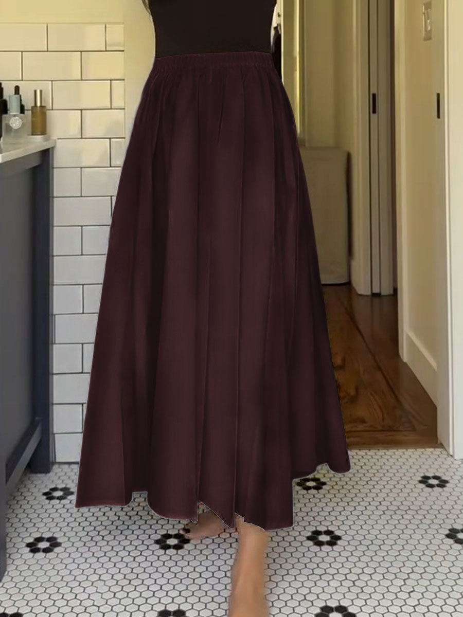 Women's Solid Color Elastic Waist Pleated Skirt