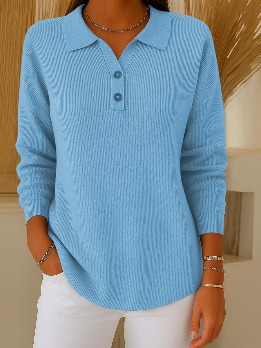 Women's Solid Color Lapel Long Sleeve Casual Pullover Sweater