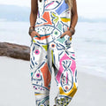 Women's Art Colourful Abstract Fish Print Casual 100% Cotton Wide Leg Jumpsuit