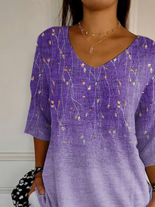 Casual Floral V Neck Three Quarter Sleeve T-shirt