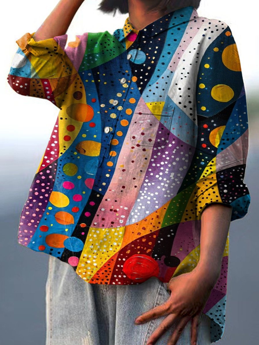 Women's Rainbow Colored Abstract Print Casual Cotton And Linen Shirt