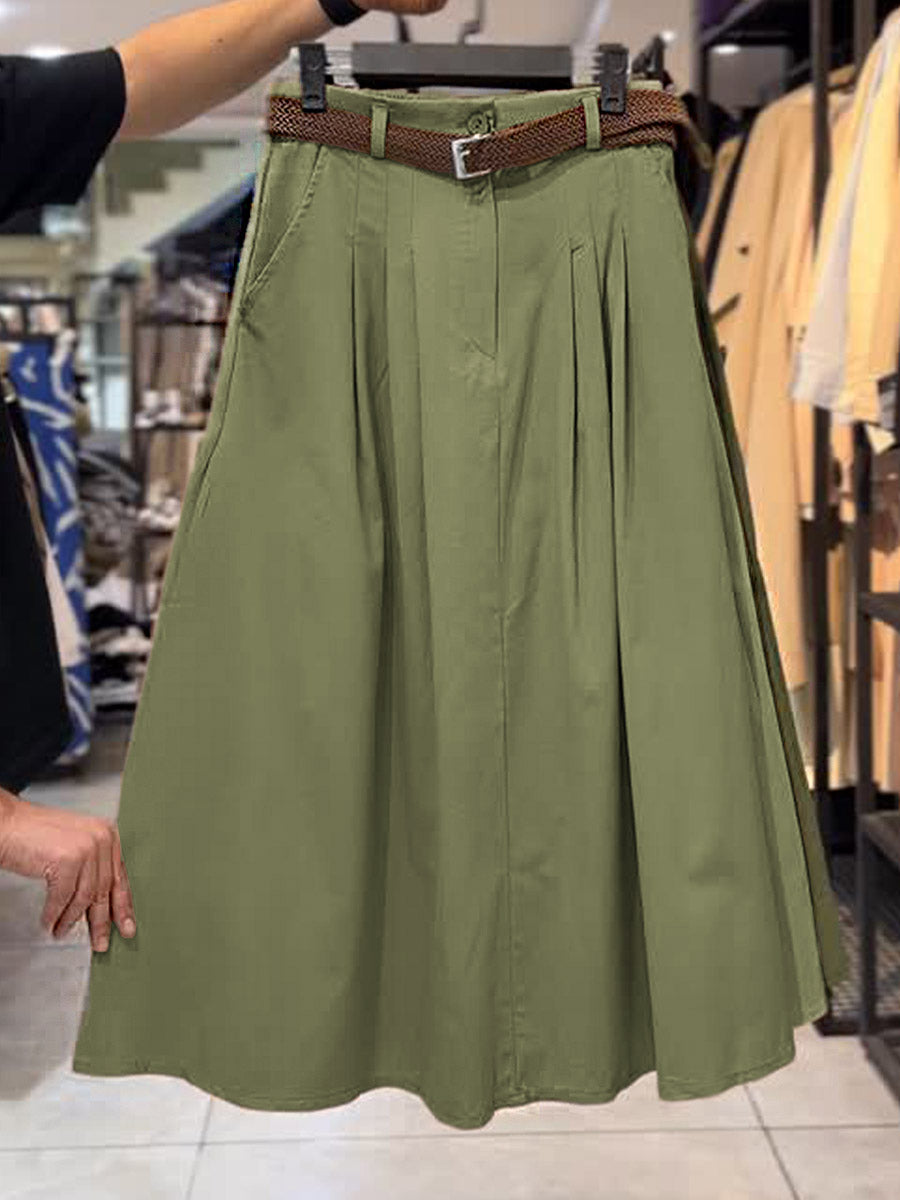 Women's Solid Color High Waist Flared Hem Casual Cotton and Linen Skirt