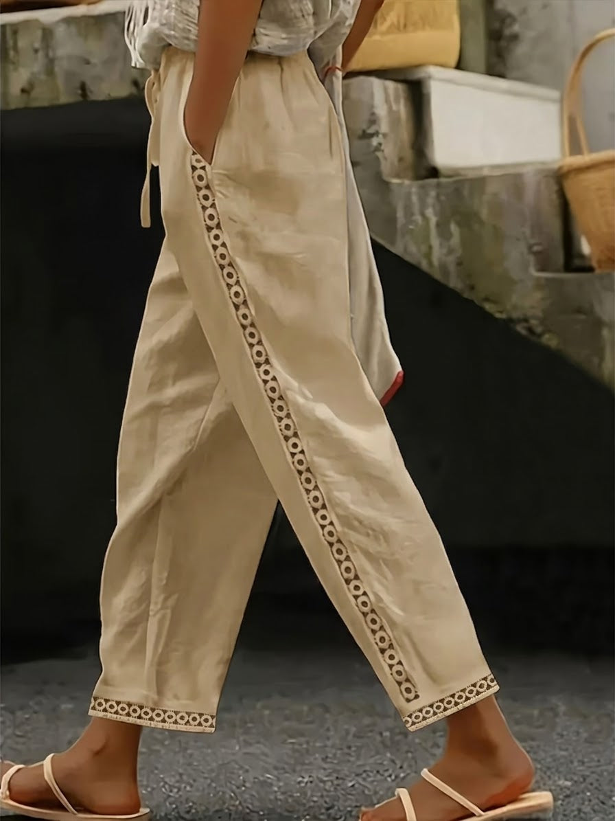 Casual Patchwork Linen And Cotton Trousers With Openwork Webbing