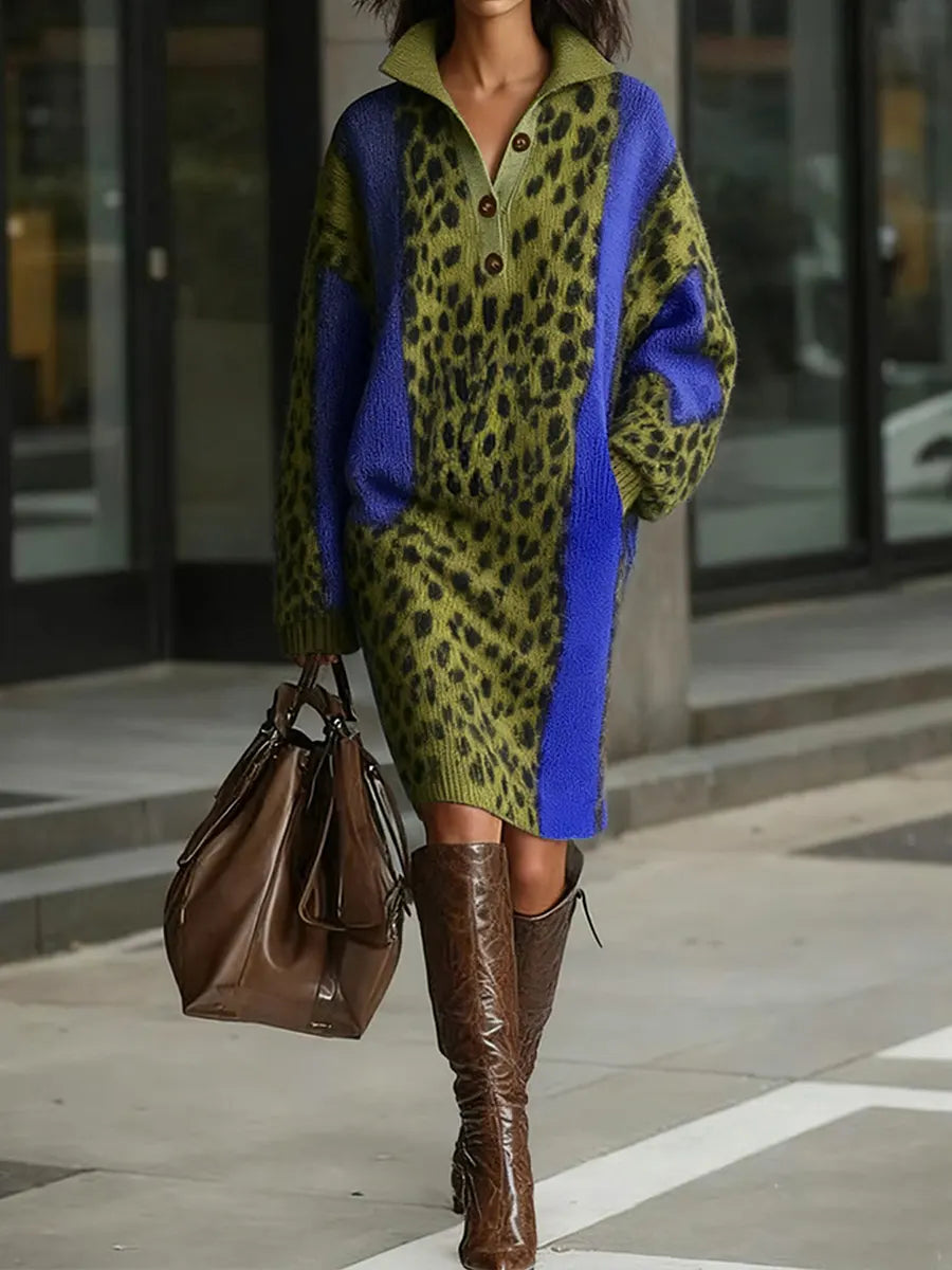 Women's Leopard Print Lapel Long Sleeve Casual Loose Knit Dress