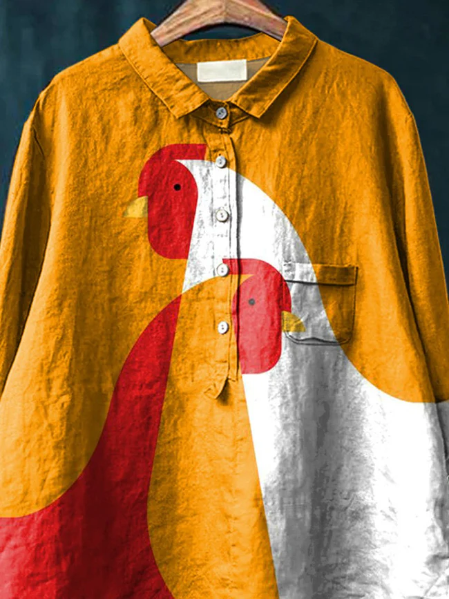 Geometric Chicken Art Printed Women's Casual Cotton And Linen Shirt