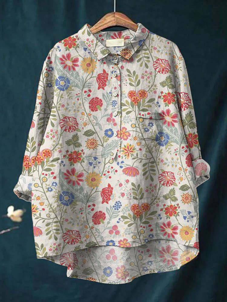 Women'S Pastoral Floral Art Print Cotton Linen Casual Shirt