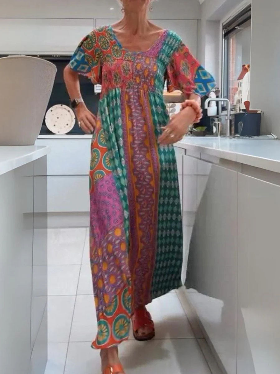 Women's Retro Print Round Neck Short Sleeve Casual Cotton and Linen Dress