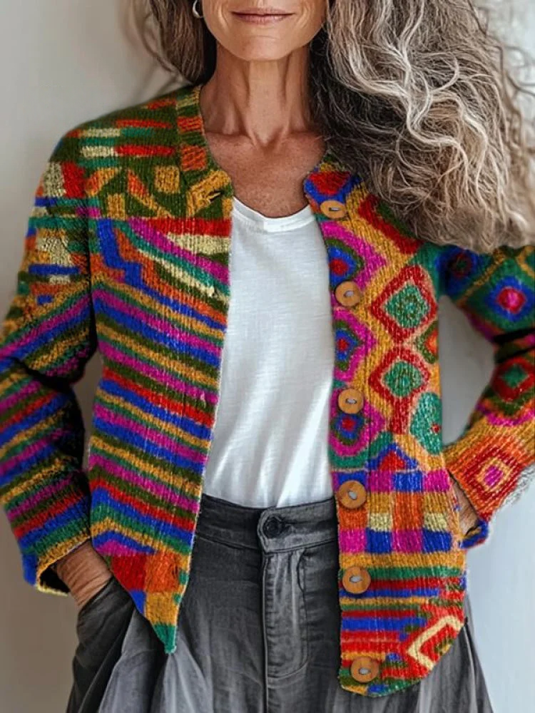 Vibrant Ethnic Pattern Printed Buttoned Cardigan Sweater