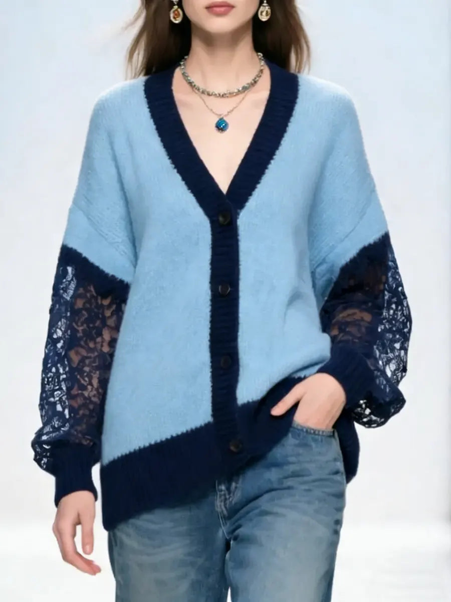 Women's Color-block Lace-paneled V-neck Long-sleeved Casual Loose-fitting Knitted Cardigan