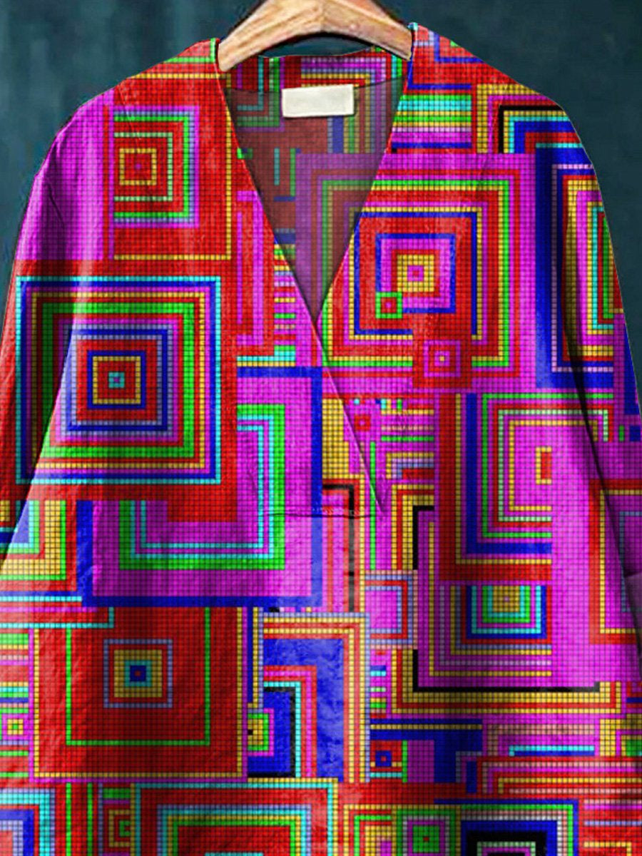 Colorful Geometric Square Pattern Printed Women's Casual Cotton And Linen V-Neck Shirt