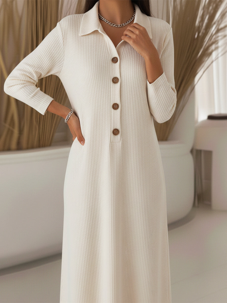 Women's Casual Polo Collar Button Corduroy Midi Dress