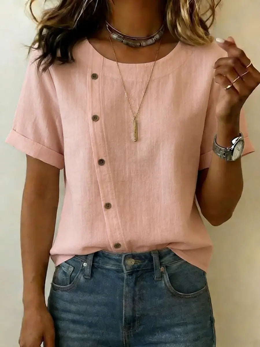 Women's Casual Simple Button-decorated Cotton-linen T-shirt