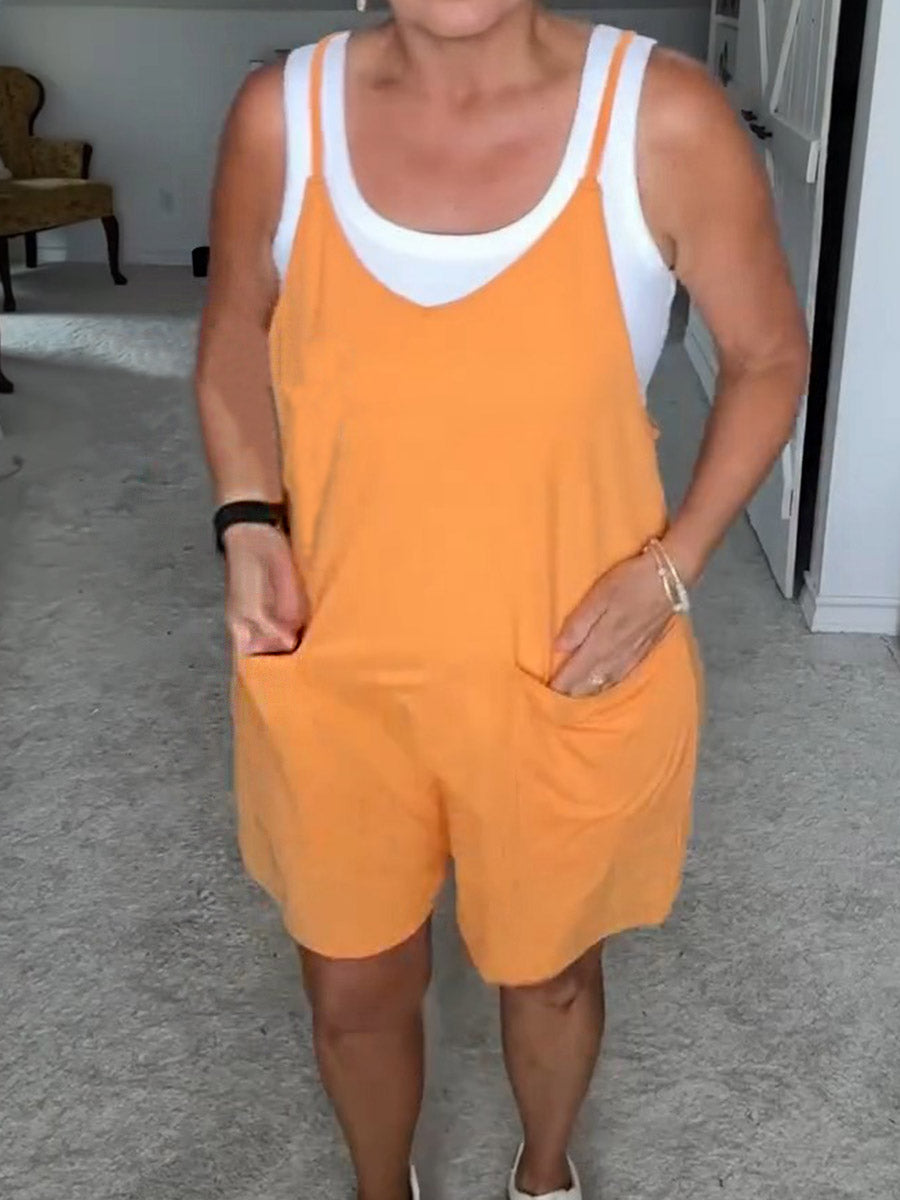 Women's Solid Color V-Neck Casual Pocket Cotton and Linen Jumpsuit