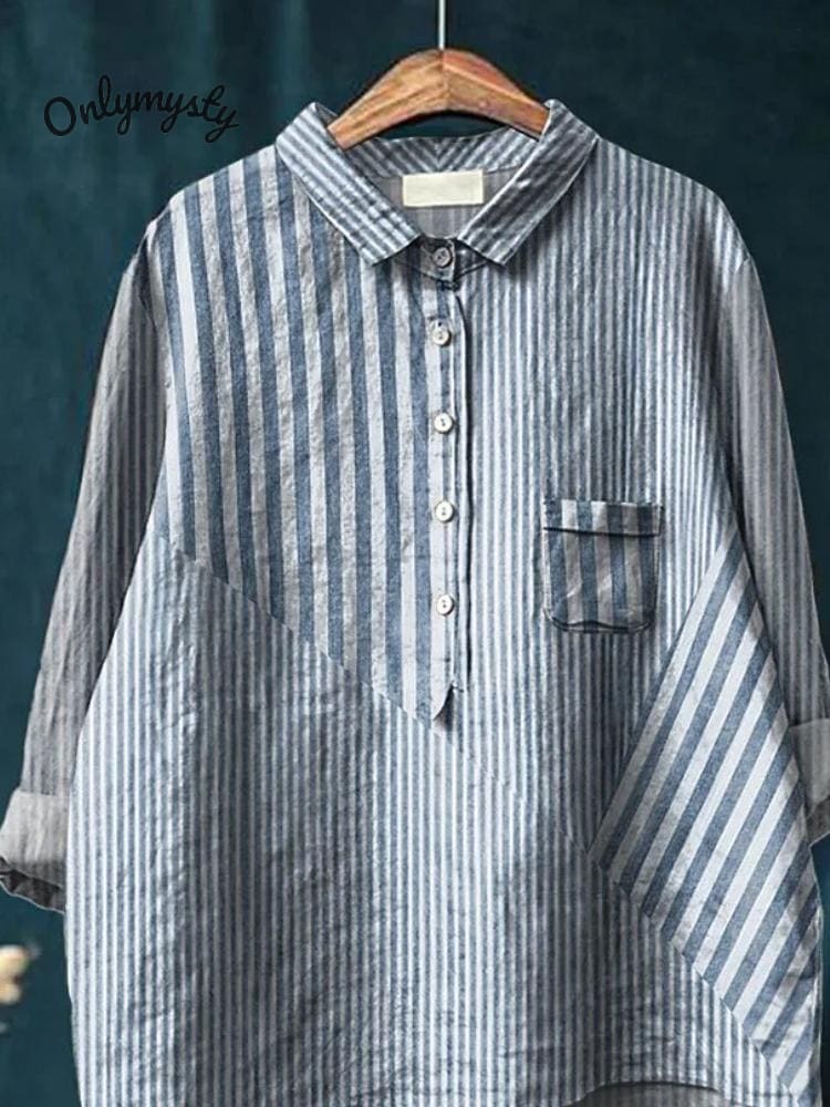 Stripe Art Printed Women's Casual Cotton And Linen Shirt