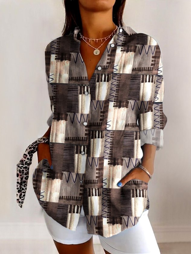 V Neck Long Sleeve Geometric Regular Micro-Elasticity Regular Fit Shirt For Women