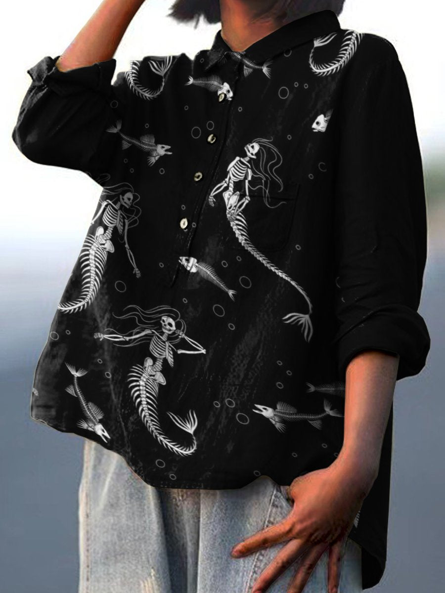 Strange Mermaid Skull Decorative Pattern Casual Cotton And Linen Shirt