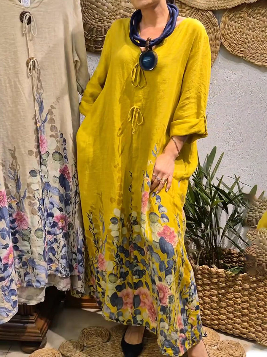 Women's Flower Bouquet Print Loose Linen Dress