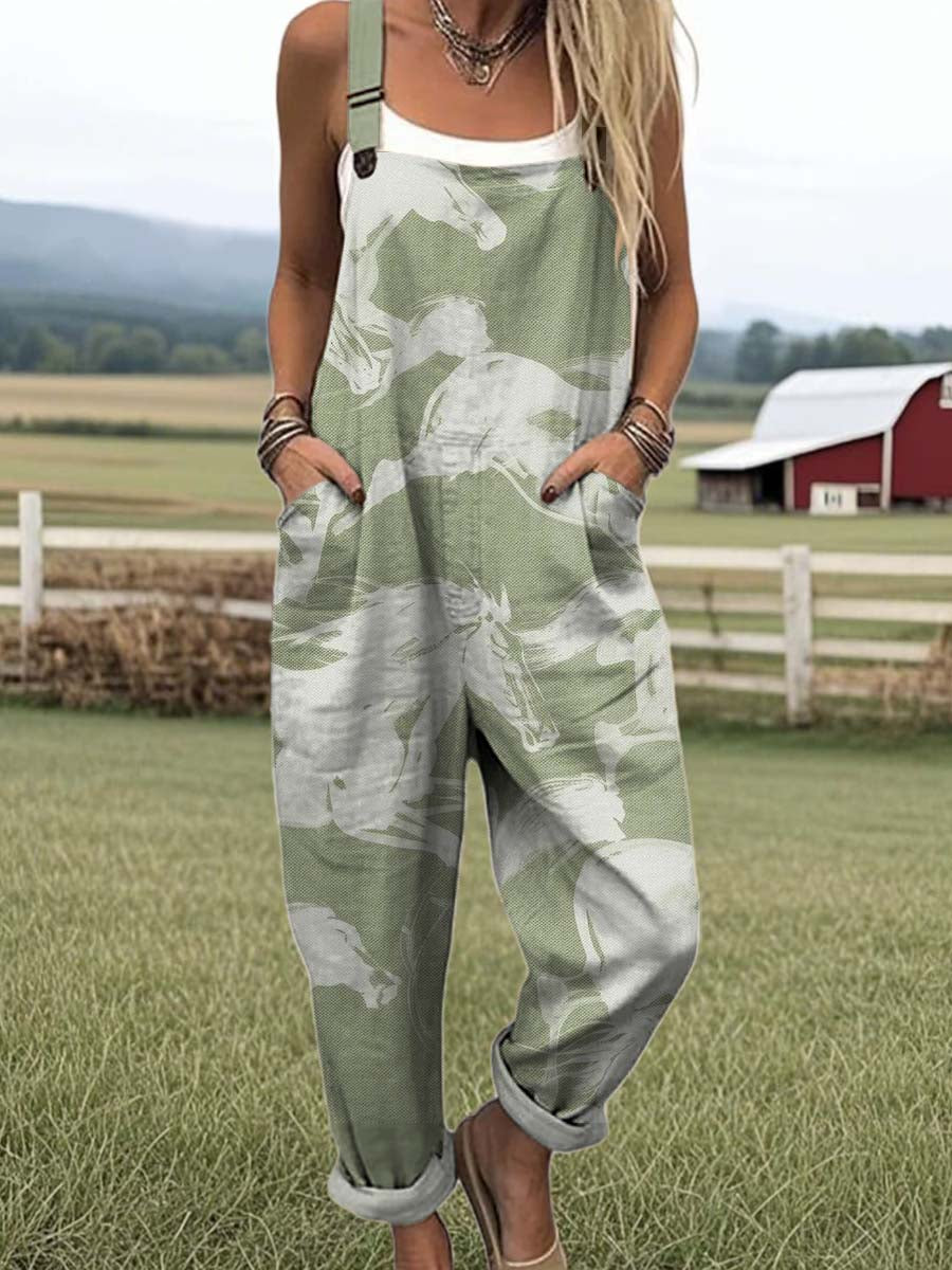 Women's Lovely Horse Pattern Art Print Casual 100% Cotton Wide Leg Jumpsuit