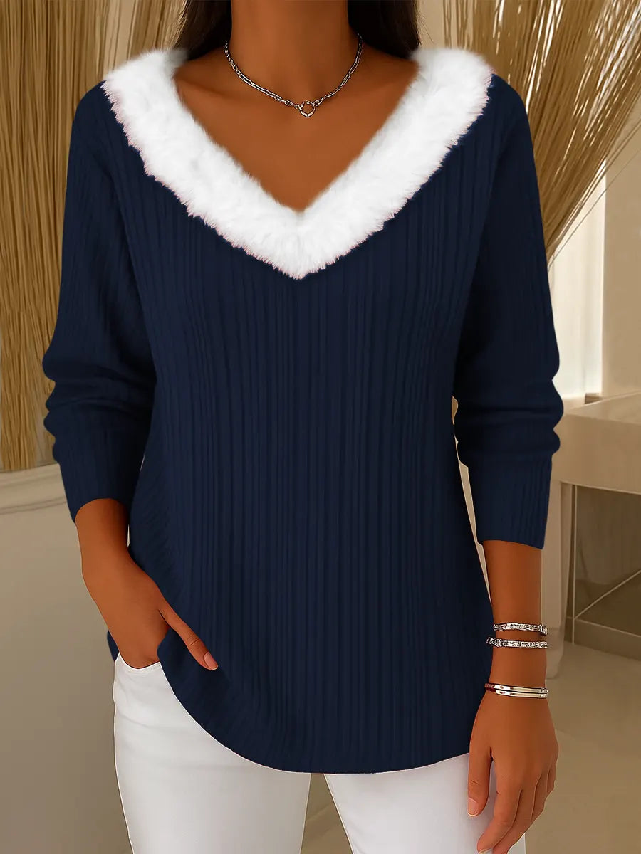 Women's Solid Color V-Neck Long Sleeve Knit Top