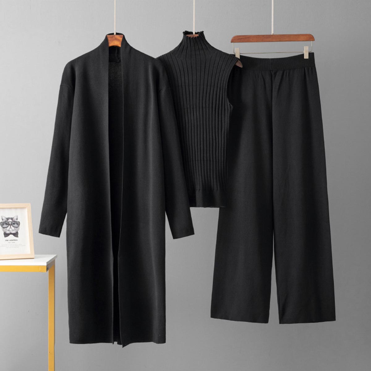 Women's Solid Color Casual Elegant Coat + Vest Sweater + Wide-leg Trouser Suit