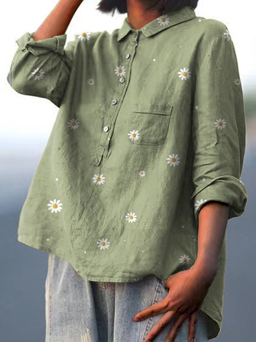 Simple Daisy Field Pattern Printed Women's Casual Cotton And Linen Shirt