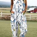 Women's Vintage Dog Art Print Casual 100% Cotton Wide Leg Jumpsuit