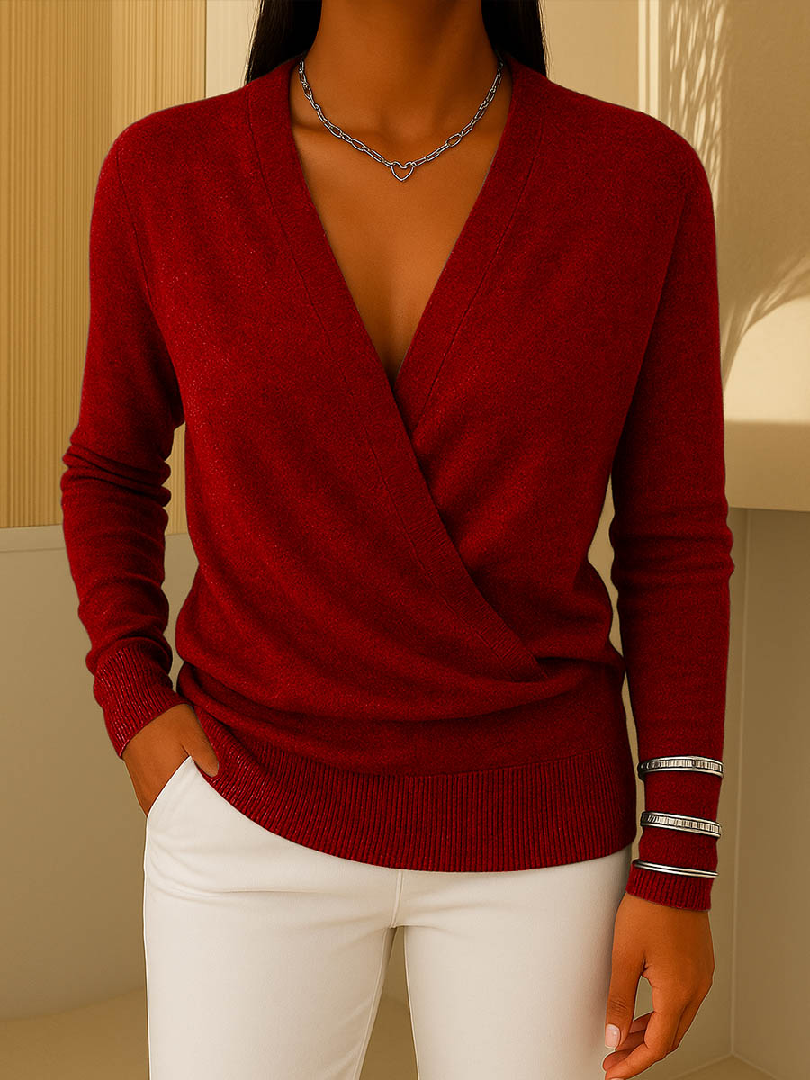 Women's Solid Color V-Neck Long Sleeve Casual Loose Sweater