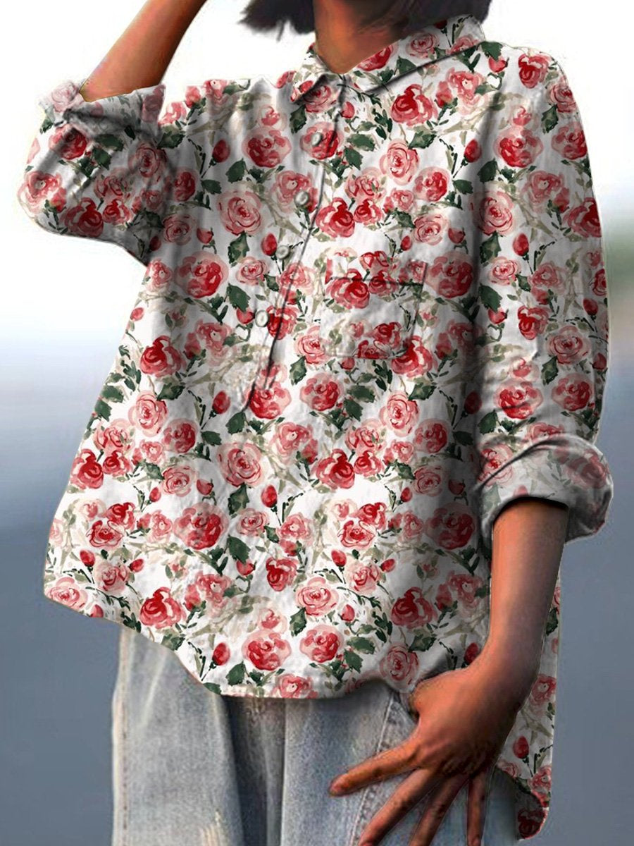 Watercolor Red Rose Pattern Printed Women's Casual Cotton And Linen Shirt