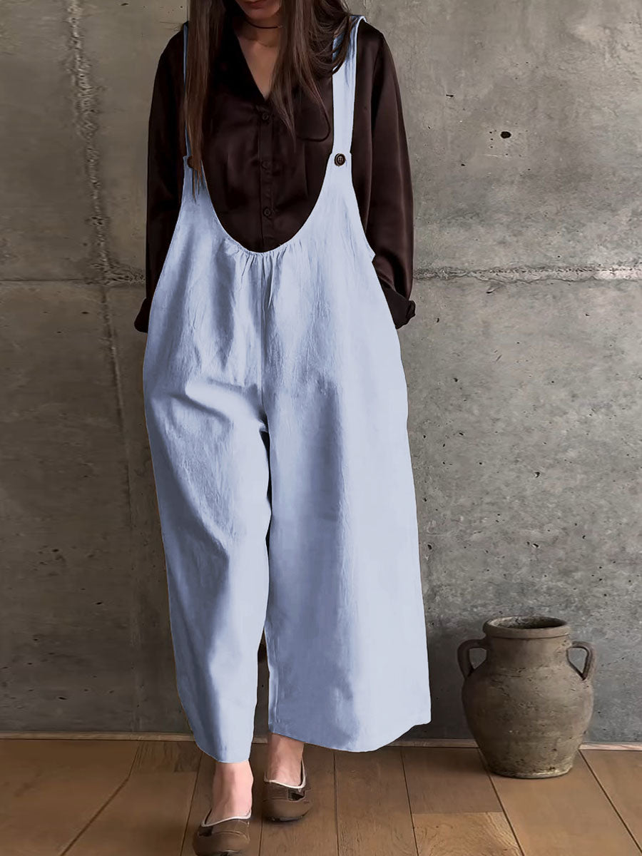 Women's Solid Color U-Neck Sleeveless Suspender Casual Cotton and Linen Jumpsuit Wide-Leg Pants