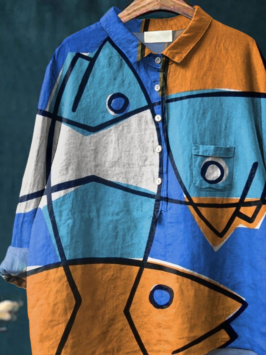 Fish Printed Women's Casual Cotton And Linen Shirt