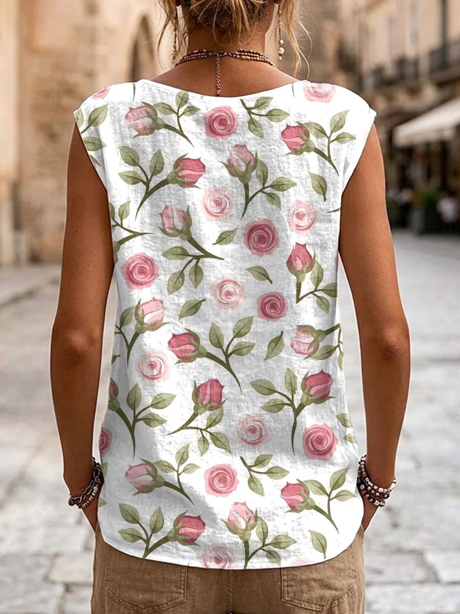 Women's Floral Pattern Art Print Casual Sleeveless Cotton Shirt