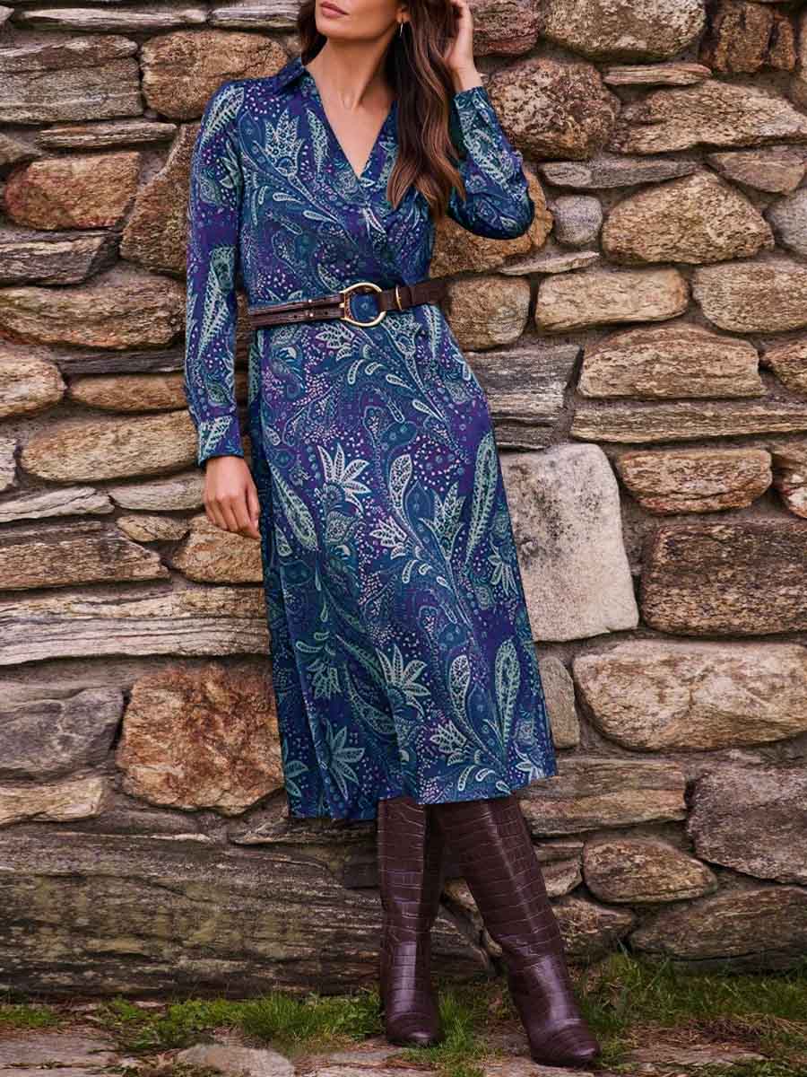 Women's Paisley Print V-Neck Long Sleeve Casual Loose Dress
