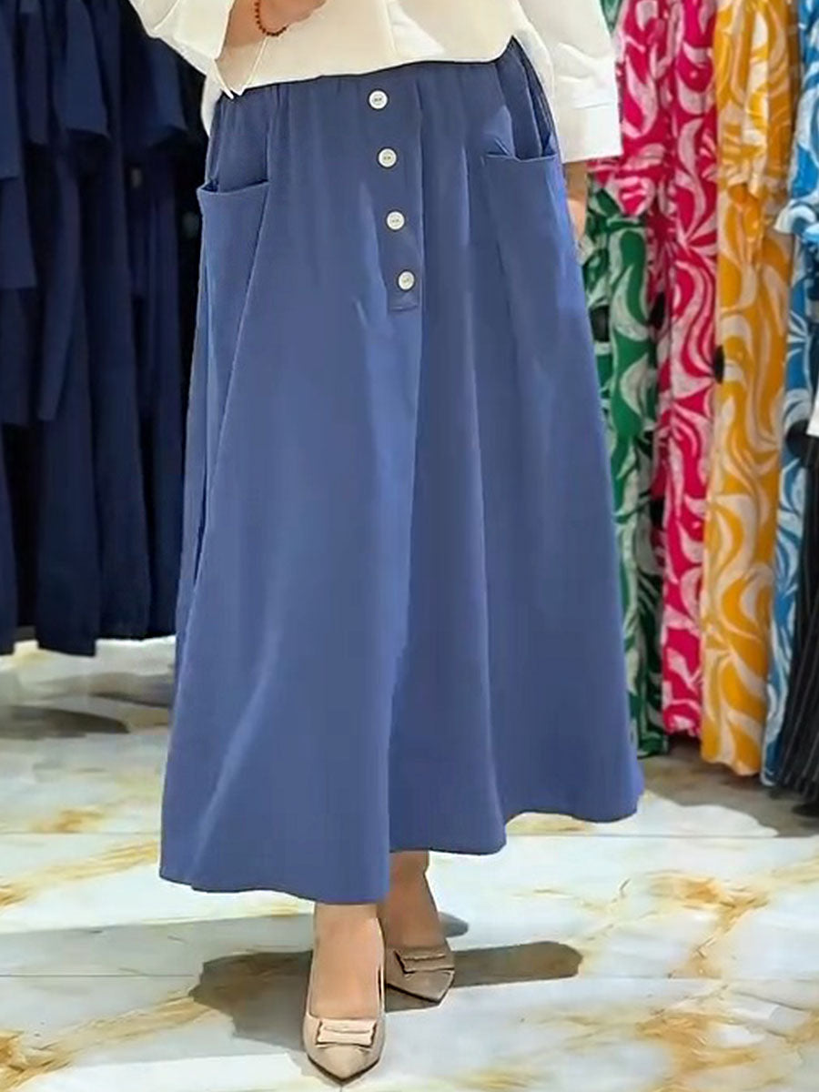 Women's Solid Color Elastic Waist Decorative Button Casual Pocket Cotton and Linen Skirt