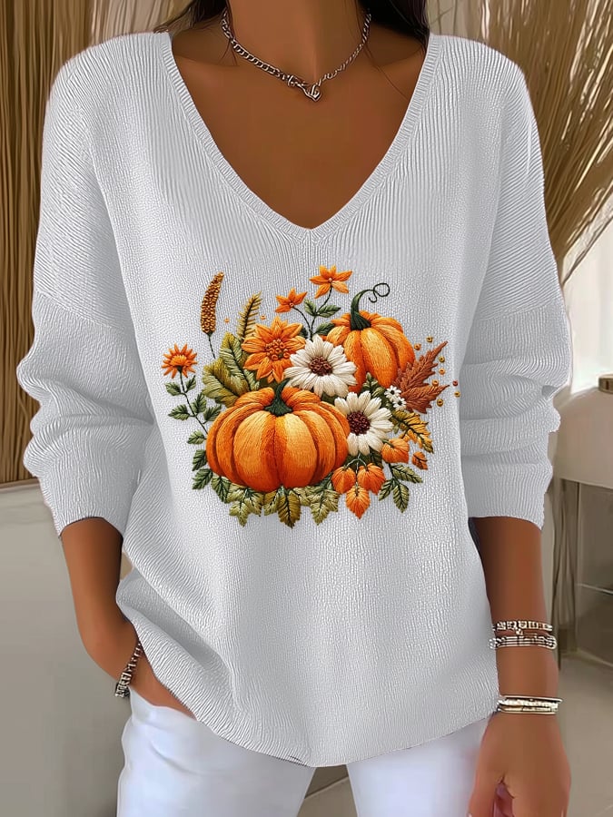 womens-vintage-pumpkin-art-print-casual-pullover-sweater-vl11