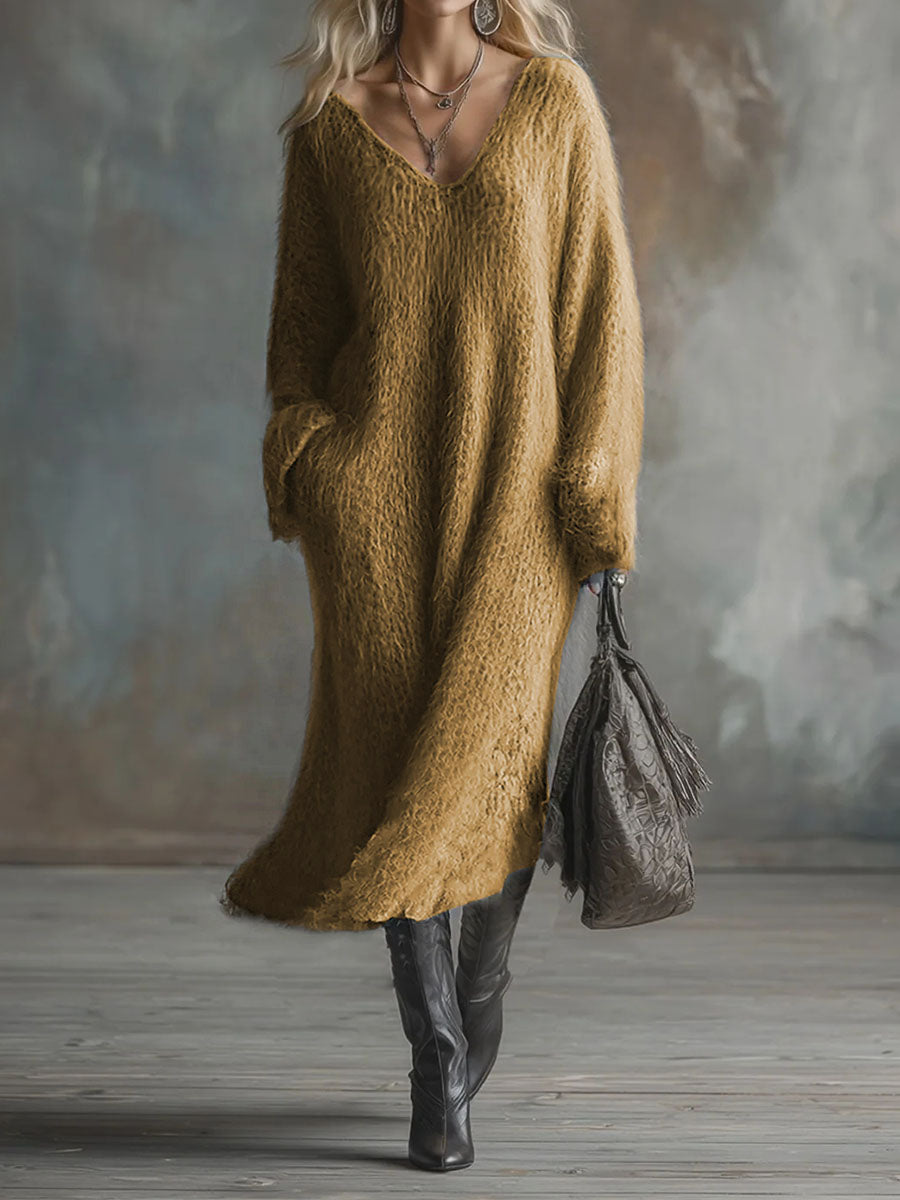 Women's Solid Color V-Neck Casual Loose Knit Dress