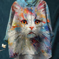 Cute white cat printed women's casual cotton and linen shirt