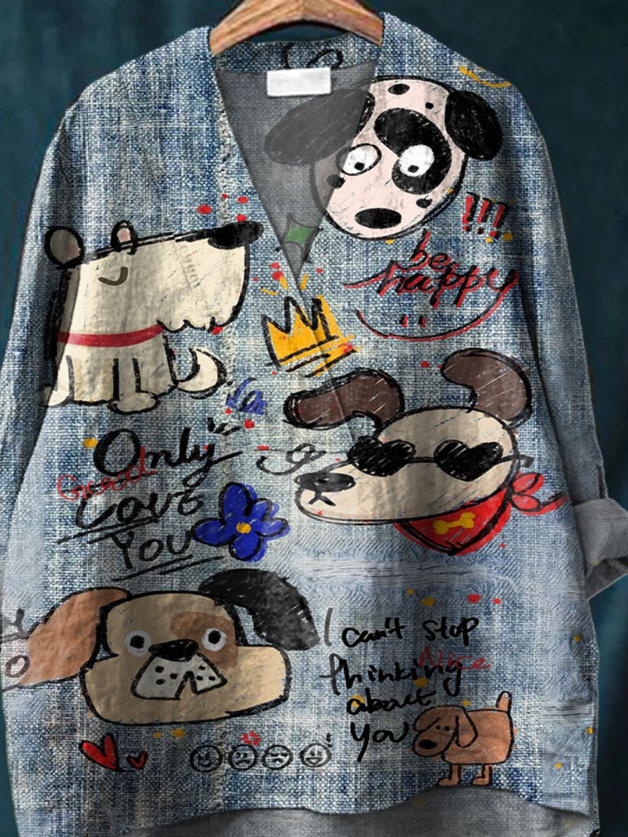 Cute Dog Inspire Art Printed Women's Casual Cotton And Linen V-neck Shirt