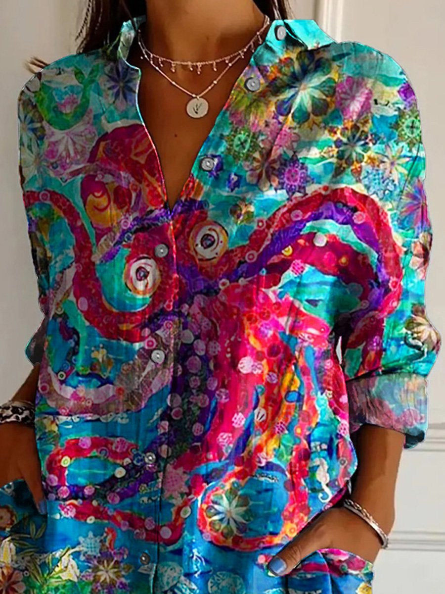 Colorful Coral Reef And Octopus Art Printed Women's Casual Cotton Shirt