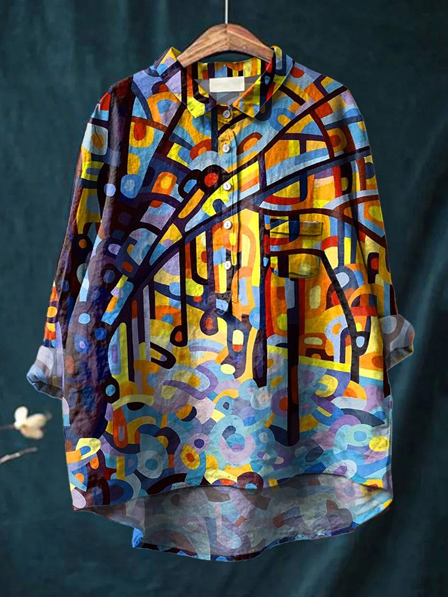 Abstract Woodland Painting Printed Women's Casual Cotton And Linen Shirt